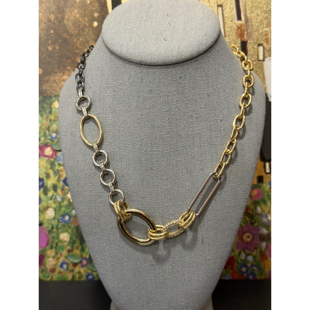 Graziano Mixed Metal Link Necklace Gold Tone Silver Tone Gunmetal Pave Accents - Picture 3 of 16